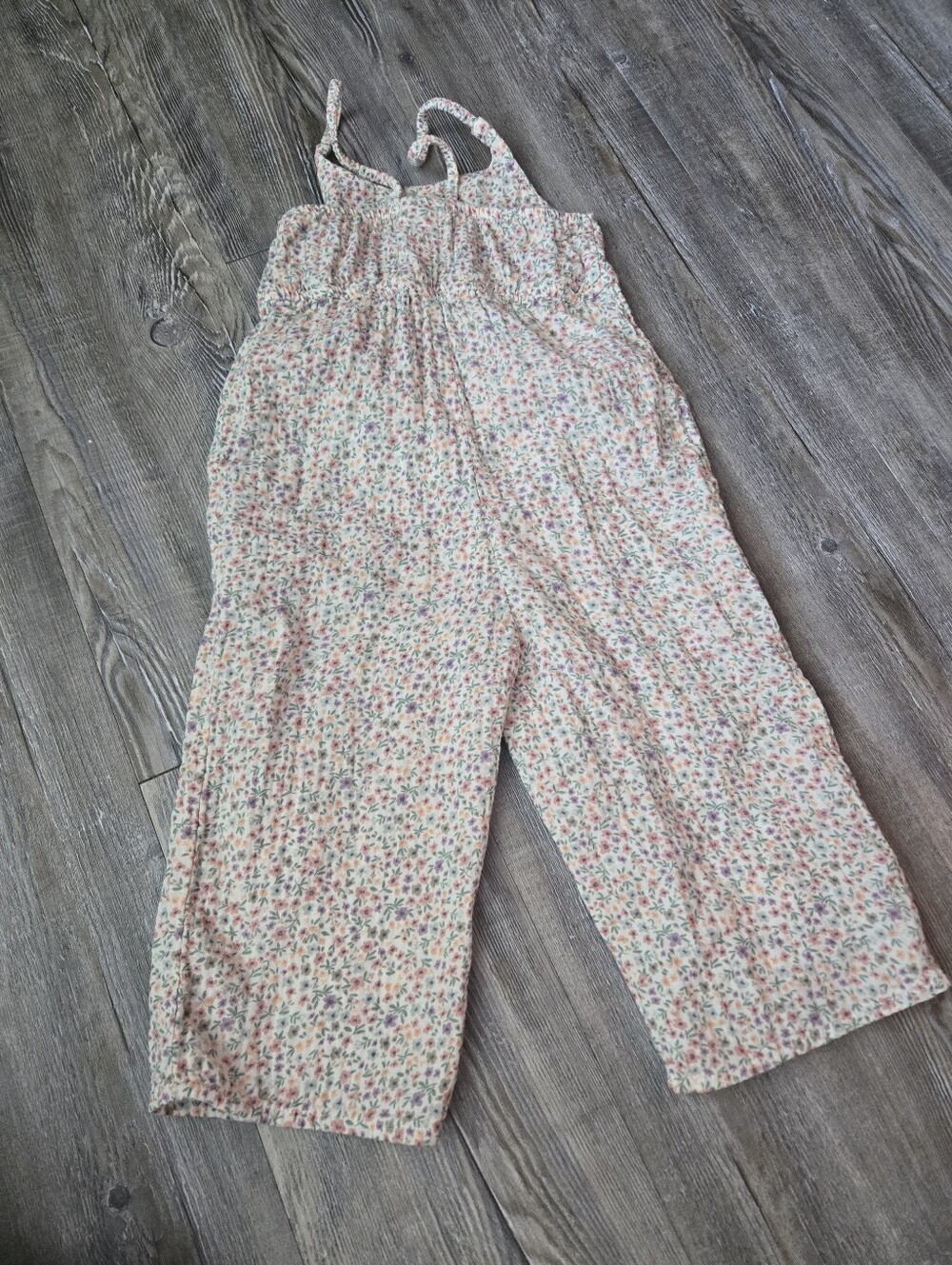 4T Girls Little Planet Floral Wide-Leg Jumpsuit in Cream with Pink & Green Print